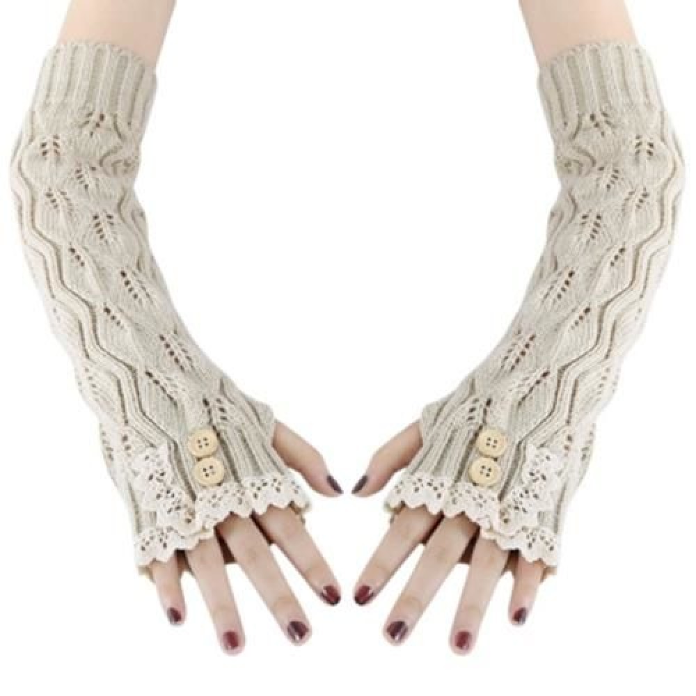 STYLISH LACE DECORATION BUTTON HOLLOW OUT DESIGN GIRLS LONG GLOVES (OFF-WHITE)