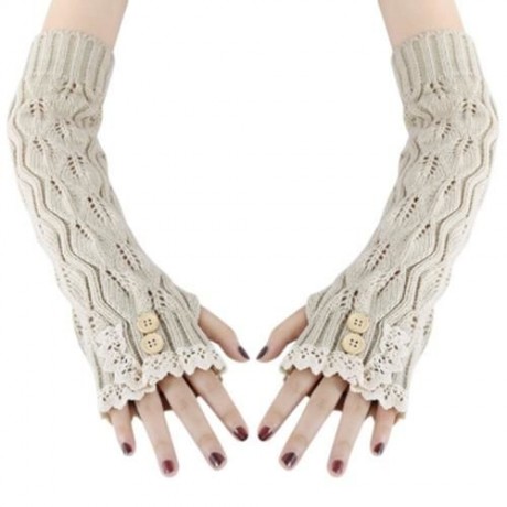 STYLISH LACE DECORATION BUTTON HOLLOW OUT DESIGN GIRLS LONG GLOVES (OFF-WHITE)
