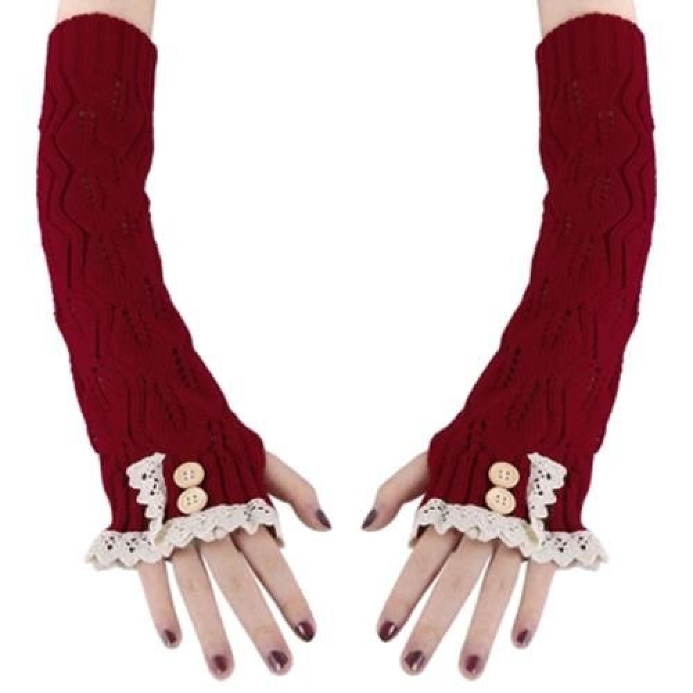 STYLISH LACE DECORATION BUTTON HOLLOW OUT DESIGN GIRLS LONG GLOVES (RED)