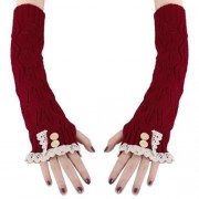 STYLISH LACE DECORATION BUTTON HOLLOW OUT DESIGN GIRLS LONG GLOVES (RED)