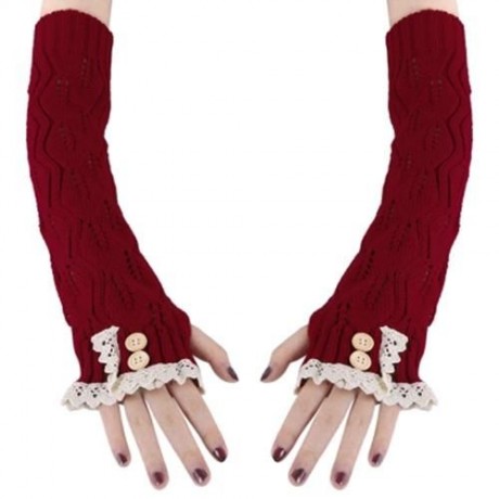 STYLISH LACE DECORATION BUTTON HOLLOW OUT DESIGN GIRLS LONG GLOVES (RED)