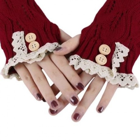 STYLISH LACE DECORATION BUTTON HOLLOW OUT DESIGN GIRLS LONG GLOVES (RED)