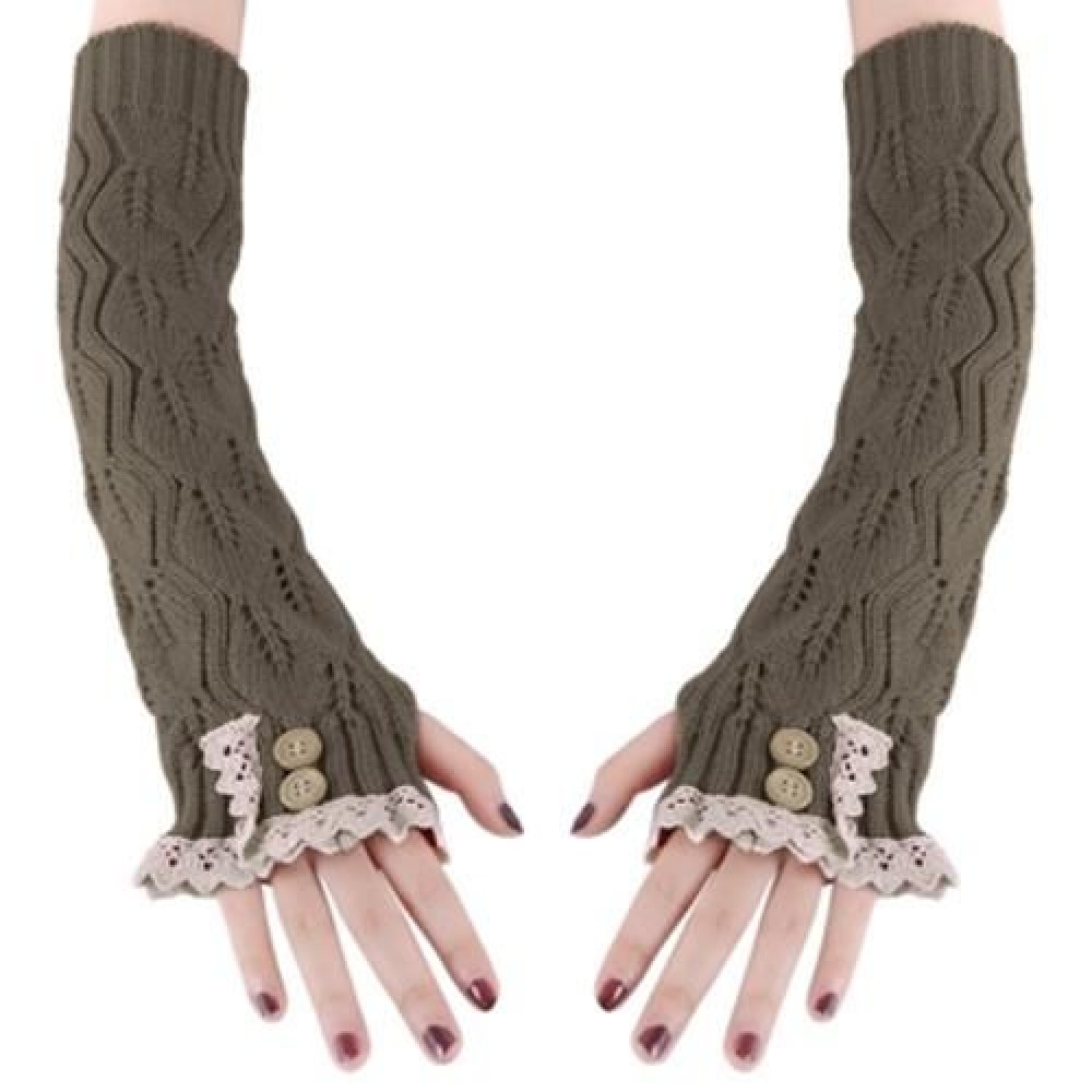 STYLISH LACE DECORATION BUTTON HOLLOW OUT DESIGN GIRLS LONG GLOVES (KHAKI)