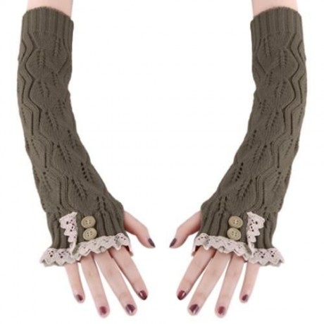 STYLISH LACE DECORATION BUTTON HOLLOW OUT DESIGN GIRLS LONG GLOVES (KHAKI)