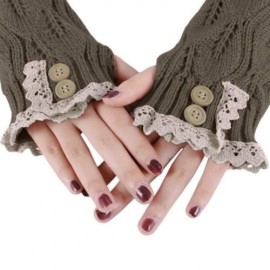 STYLISH LACE DECORATION BUTTON HOLLOW OUT DESIGN GIRLS LONG GLOVES (KHAKI)