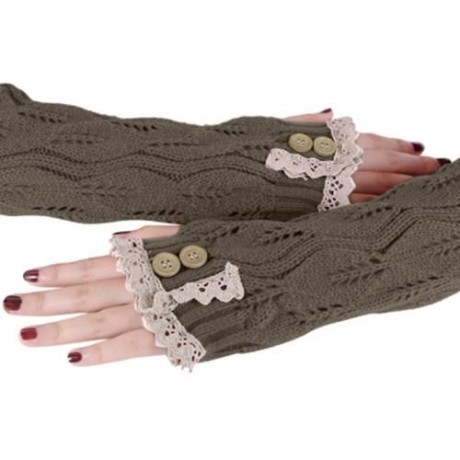 STYLISH LACE DECORATION BUTTON HOLLOW OUT DESIGN GIRLS LONG GLOVES (KHAKI)