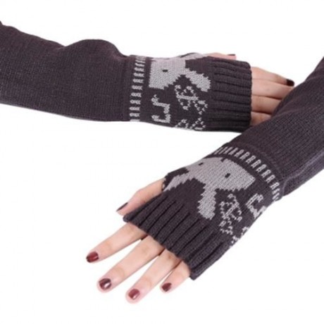 CUTE RABBIT DECORATION OPEN FINGER LADIES WARM KNITTING LONG GLOVES (DEEP GRAY)
