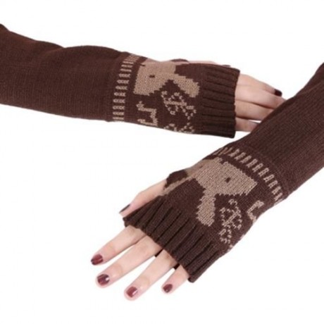 CUTE RABBIT DECORATION OPEN FINGER LADIES WARM KNITTING LONG GLOVES (COFFEE)