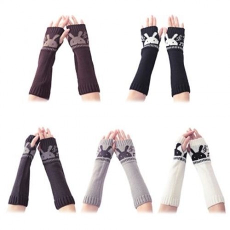 CUTE RABBIT DECORATION OPEN FINGER LADIES WARM KNITTING LONG GLOVES (COFFEE)