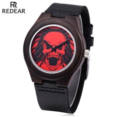 REDEAR FEMALE QUARTZ WATCH SKULL PATTERN DIAL IMPORTED MOVT WOODEN CASE LEATHER BAND WRIST