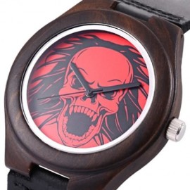 REDEAR FEMALE QUARTZ WATCH SKULL PATTERN DIAL IMPORTED MOVT WOODEN CASE LEATHER BAND WRIST