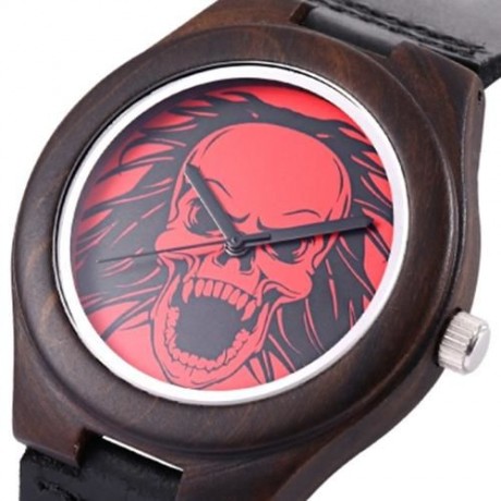 REDEAR FEMALE QUARTZ WATCH SKULL PATTERN DIAL IMPORTED MOVT WOODEN CASE LEATHER BAND WRIST