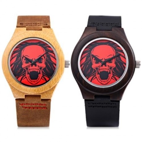 REDEAR FEMALE QUARTZ WATCH SKULL PATTERN DIAL IMPORTED MOVT WOODEN CASE LEATHER BAND WRIST