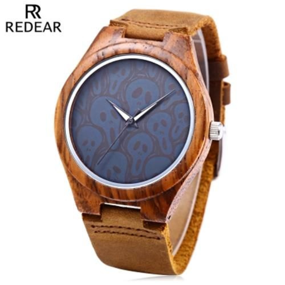 REDEAR MALE QUARTZ WATCH WATER RESISTANCE IMPORTED MOVT SKULL PATTERN WOODEN CASE WRISTWAT