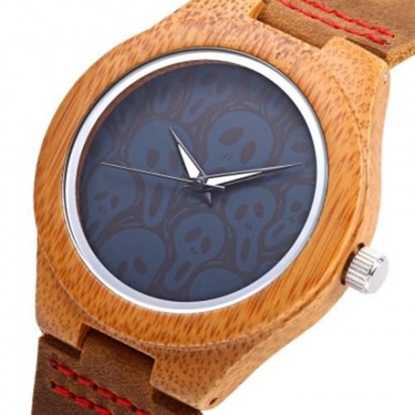 REDEAR MALE QUARTZ WATCH WATER RESISTANCE IMPORTED MOVT SKULL PATTERN WOODEN CASE WRISTWAT
