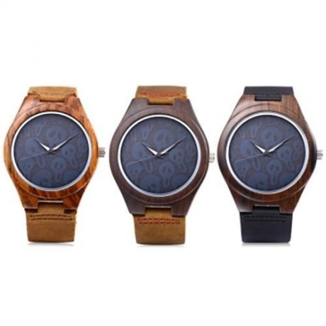 REDEAR MALE QUARTZ WATCH WATER RESISTANCE IMPORTED MOVT SKULL PATTERN WOODEN CASE WRISTWAT