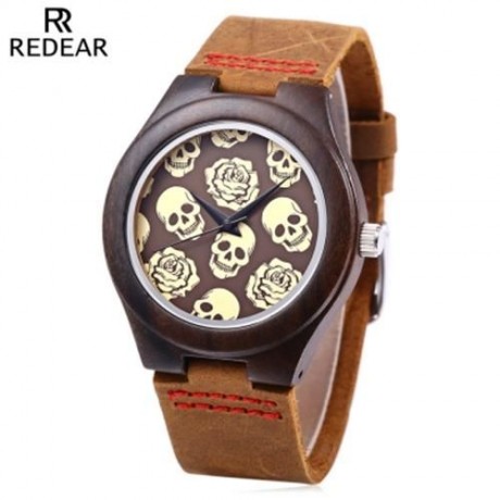 REDEAR FEMALE QUARTZ WATCH IMPORTED MOVT SKULL PATTERN WOODEN CASE WRISTWATCH (DEEP BROWN)