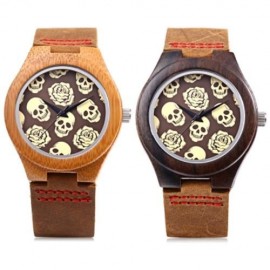 REDEAR FEMALE QUARTZ WATCH IMPORTED MOVT SKULL PATTERN WOODEN CASE WRISTWATCH (DEEP BROWN)