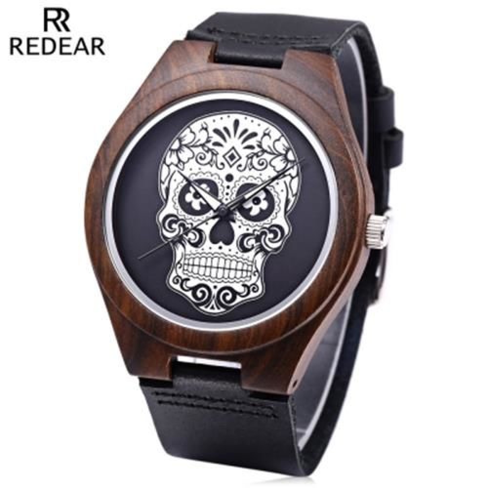 REDEAR MALE QUARTZ WATCH IMPORTED MOVT SKULL PATTERN DIAL WOODEN CASE WRISTWATCH (BLACK)