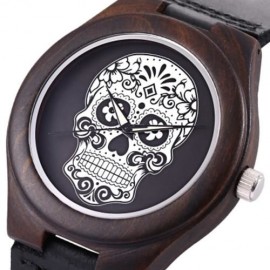 REDEAR MALE QUARTZ WATCH IMPORTED MOVT SKULL PATTERN DIAL WOODEN CASE WRISTWATCH (BLACK)