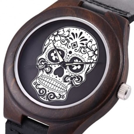 REDEAR MALE QUARTZ WATCH IMPORTED MOVT SKULL PATTERN DIAL WOODEN CASE WRISTWATCH (BLACK)