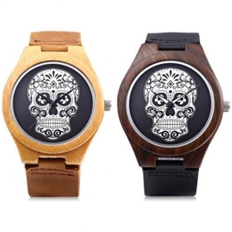 REDEAR MALE QUARTZ WATCH IMPORTED MOVT SKULL PATTERN DIAL WOODEN CASE WRISTWATCH (BLACK)