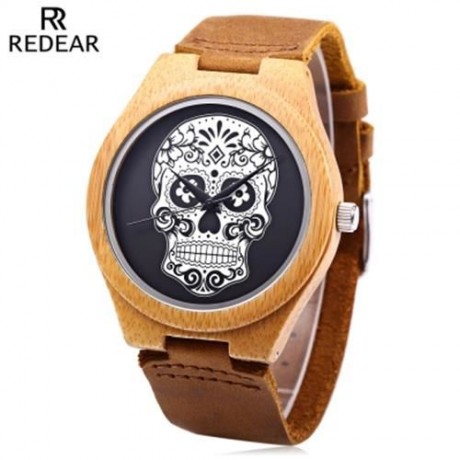 REDEAR MALE QUARTZ WATCH IMPORTED MOVT SKULL PATTERN DIAL WOODEN CASE WRISTWATCH (BROWN)