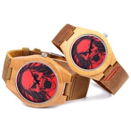 REDEAR COUPLE QUARTZ WATCH SKULL PATTERN DIAL IMPORTED MOVT WOODEN CASE LEATHER BAND WRIST