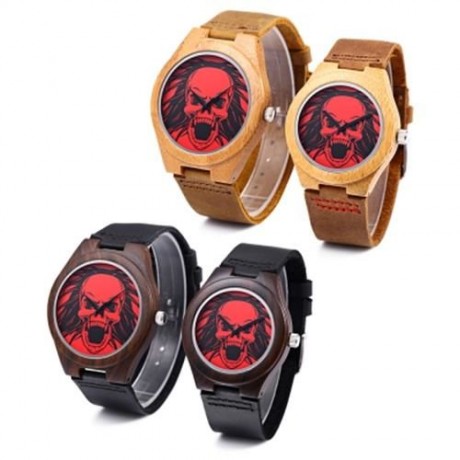 REDEAR COUPLE QUARTZ WATCH SKULL PATTERN DIAL IMPORTED MOVT WOODEN CASE LEATHER BAND WRIST
