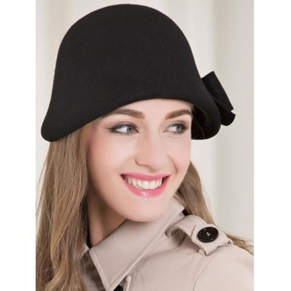 BOWKNOT WOOL DOME CLOCHE 1920S HAT (BLACK)