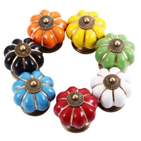 COUNTRY STYLE CERAMIC PUMPKIN SHAPE DRAWER CABINET WARDROBE HANDLE KNOB WITH SCREW (GREEN)