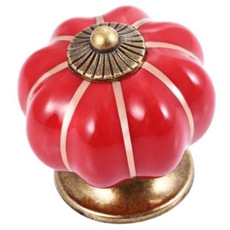 COUNTRY STYLE CERAMIC PUMPKIN SHAPE DRAWER CABINET WARDROBE HANDLE KNOB WITH SCREW (RED)