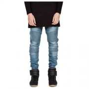 CASUAL DRAPE DECORATION MALE SLIM FIT PENCIL JEANS (BLUE)