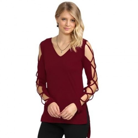 SEXY V NECK HOLLOW OUT SOLID COLOR T-SHIRT FOR WOMEN (WINE RED)