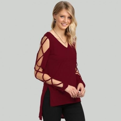 SEXY V NECK HOLLOW OUT SOLID COLOR T-SHIRT FOR WOMEN (WINE RED)