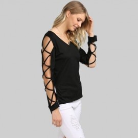 SEXY V NECK HOLLOW OUT SOLID COLOR T-SHIRT FOR WOMEN (BLACK)