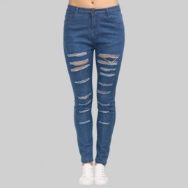 STREET STYLE MID WAIST HOLE JEANS FOR WOMEN (BLUE)