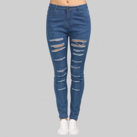 STREET STYLE MID WAIST HOLE JEANS FOR WOMEN (BLUE)