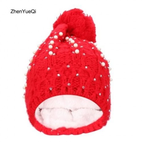ZHENYUEQI WINTER WARM VELVET PEARL DIAMOND KNITTED HATS FLUFFY PLUSH BEANIE DAILY STREET C