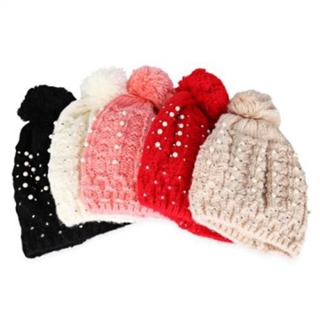 ZHENYUEQI WINTER WARM VELVET PEARL DIAMOND KNITTED HATS FLUFFY PLUSH BEANIE DAILY STREET C