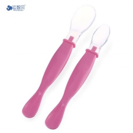 REIZBABY COMFORTABLE 2PCS INFANT BABY BPA FREE AVAILABLE TWO ENDS SOFT HEAD SPOON (PINK)