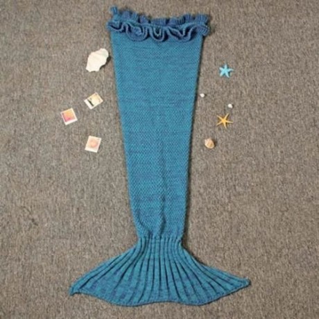 CHARMING GIRL CHILD MERMAID KNITTING AIR CONDITIONING SOFA SLEEPING BLANKET (LAKE BLUE)