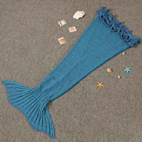 CHARMING GIRL CHILD MERMAID KNITTING AIR CONDITIONING SOFA SLEEPING BLANKET (LAKE BLUE)