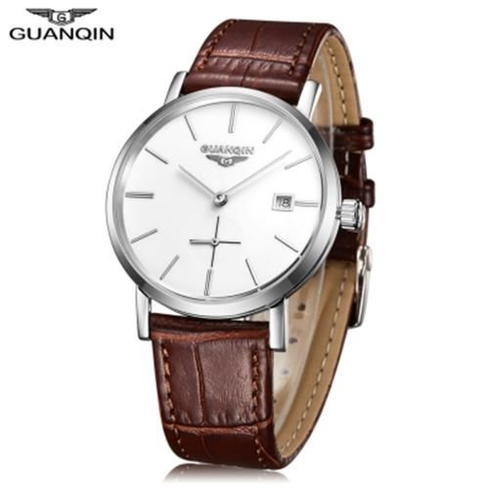 GUANQIN GJ16028 MEN AUTO MECHANICAL WATCH WORKING SUB-DIAL DATE GENUINE LEATHER BAND WRIST
