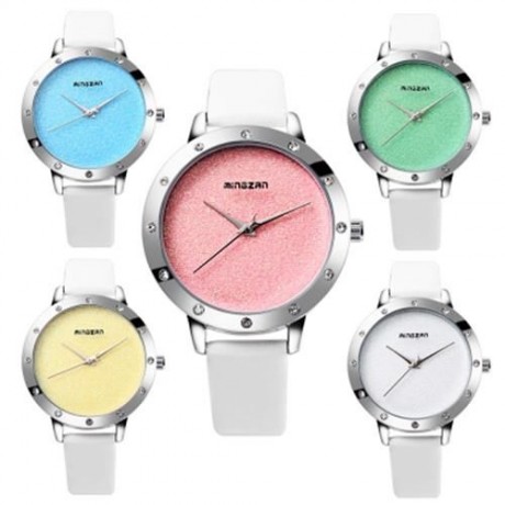 MINGZAN 6118 WOMEN QUARTZ WATCH SIMPLE SHINY DIAL LEATHER STRAP FEMALE WRISTWATCH (YELLOW)