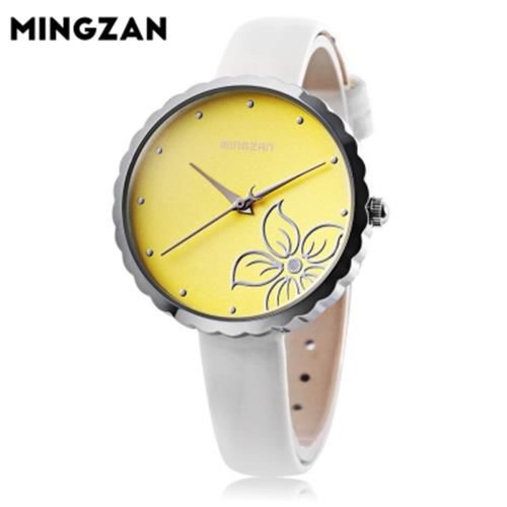 MINGZAN 6107 WOMEN QUARTZ WATCH FLOWER PATTERN DIAL LEATHER STRAP FEMALE WRISTWATCH (WHITE