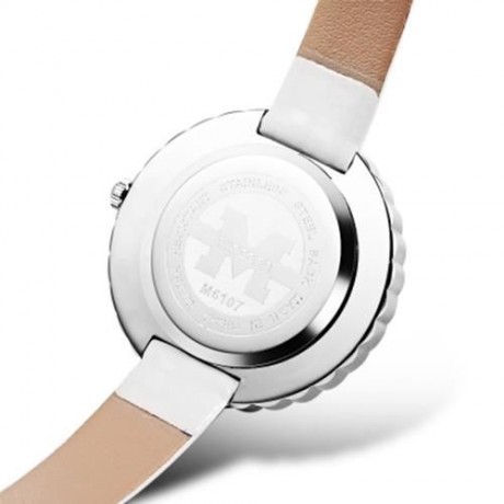 MINGZAN 6107 WOMEN QUARTZ WATCH FLOWER PATTERN DIAL LEATHER STRAP FEMALE WRISTWATCH (WHITE