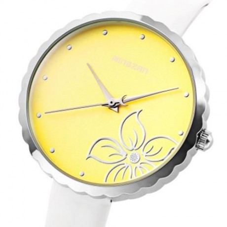 MINGZAN 6107 WOMEN QUARTZ WATCH FLOWER PATTERN DIAL LEATHER STRAP FEMALE WRISTWATCH (WHITE