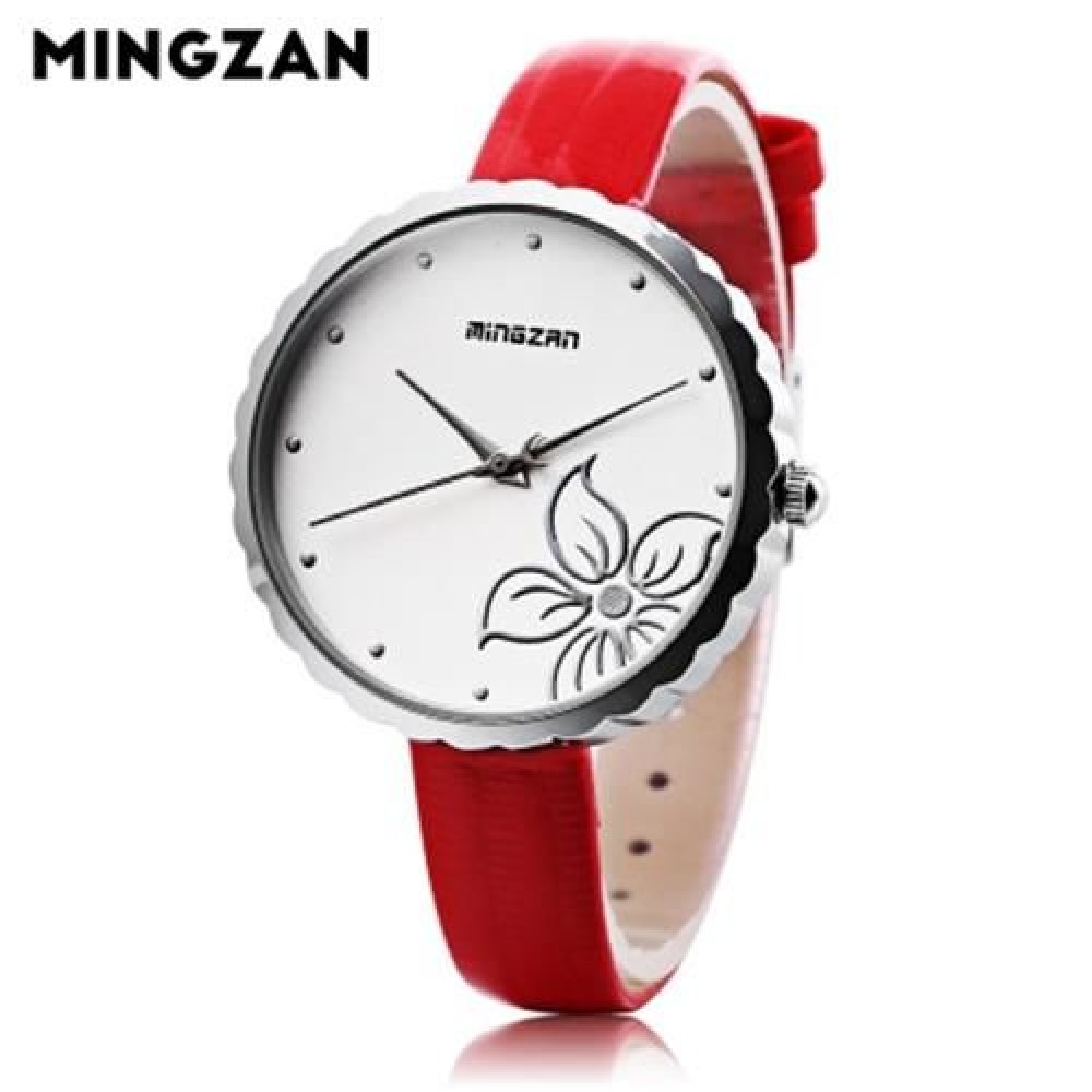 MINGZAN 6107 WOMEN QUARTZ WATCH FLOWER PATTERN DIAL LEATHER STRAP FEMALE WRISTWATCH (RED)