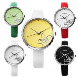 MINGZAN 6107 WOMEN QUARTZ WATCH FLOWER PATTERN DIAL LEATHER STRAP FEMALE WRISTWATCH (RED)